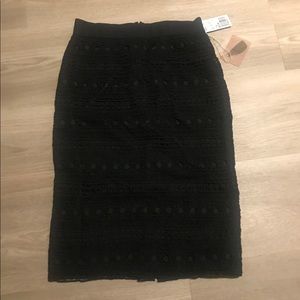 NWT black midi pencil skirt w. crochet eyelet lace